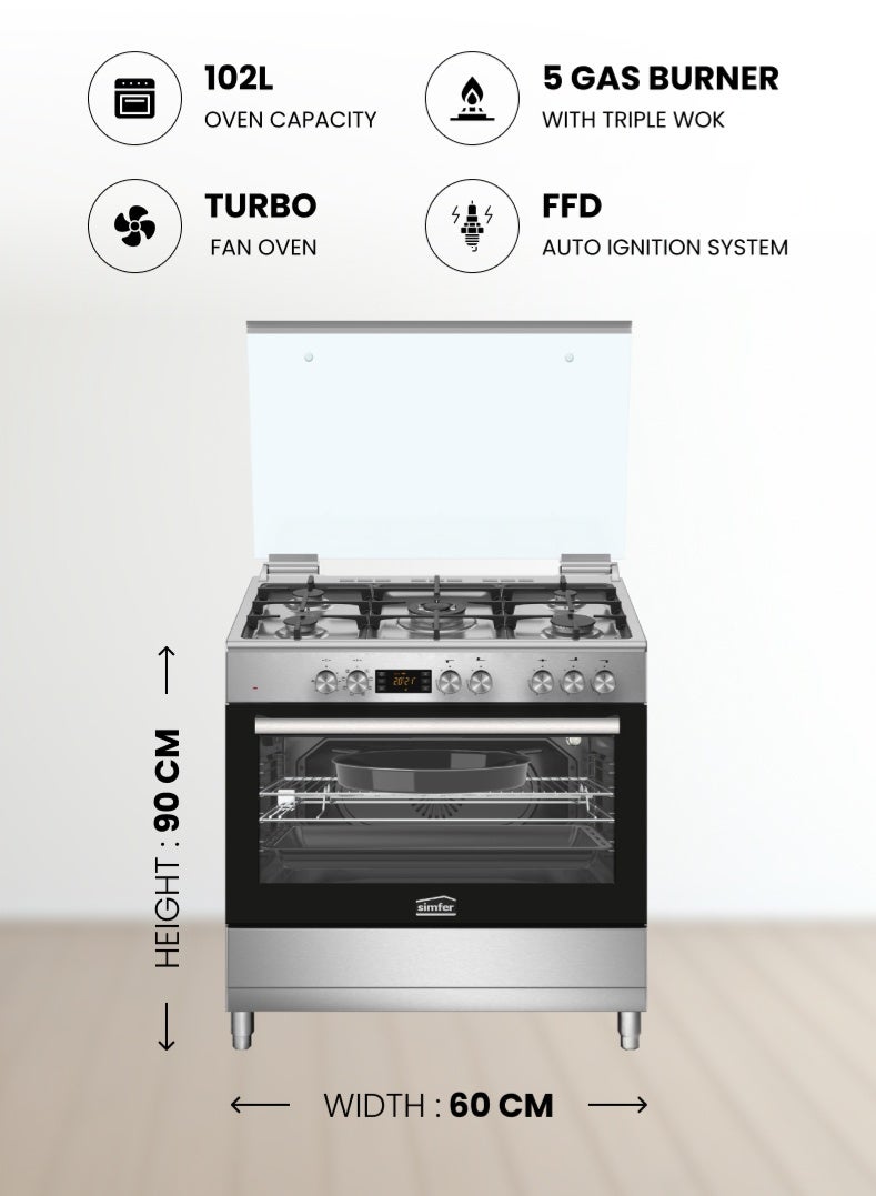 Simfer Gas Cooker 90x60 cm | 102L Turbo Fan Oven Capacity | 5 Gas Burners with Triple Wok | Grill & Rotisserie | Auto Ignition FFD Safety | Stainless Steel Finish | Model SMF9068ECH - Image 2