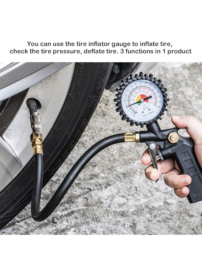 Tire Inflator Deflator Air Pressure Gauge With Rubber Hose, 2-1/2" Dial Wheel Inflator Gage With Straight Brass Lock-On Chuck Compatible With Air Pump Compressor For Rv Car Motorcycle Bike - Image 4