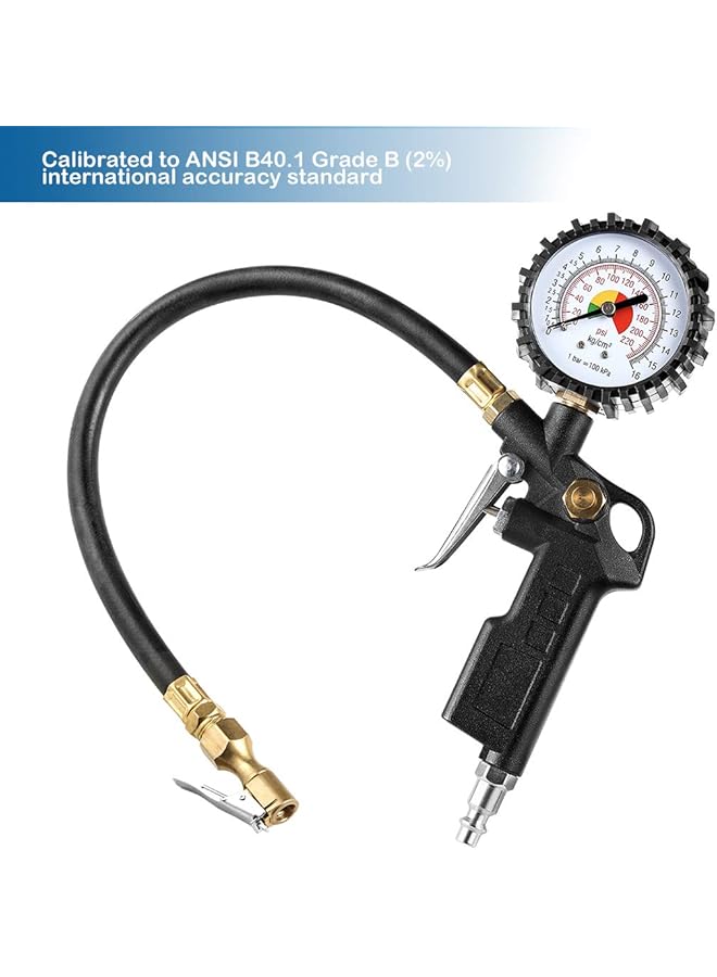 Tire Inflator Deflator Air Pressure Gauge With Rubber Hose, 2-1/2" Dial Wheel Inflator Gage With Straight Brass Lock-On Chuck Compatible With Air Pump Compressor For Rv Car Motorcycle Bike - Image 3