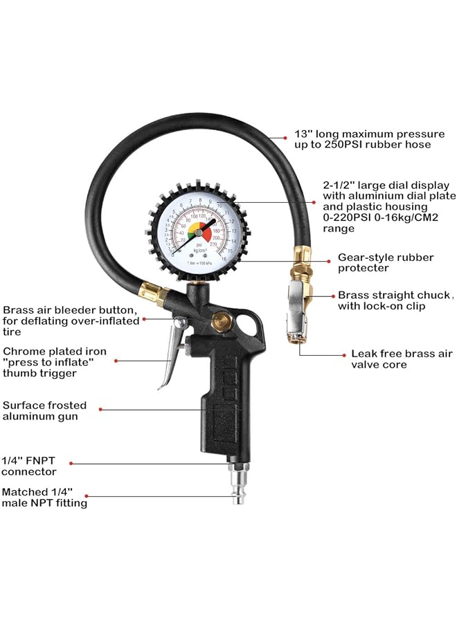 Tire Inflator Deflator Air Pressure Gauge With Rubber Hose, 2-1/2" Dial Wheel Inflator Gage With Straight Brass Lock-On Chuck Compatible With Air Pump Compressor For Rv Car Motorcycle Bike - Image 2
