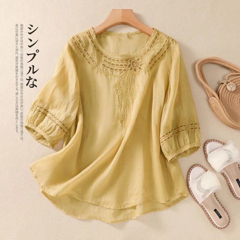 Casual Plus Size Vintage Artistic Cotton Linen Short-Sleeved T-Shirt Women'S 2024 Loose Meat Covering Embroidered Base Top - Image 5