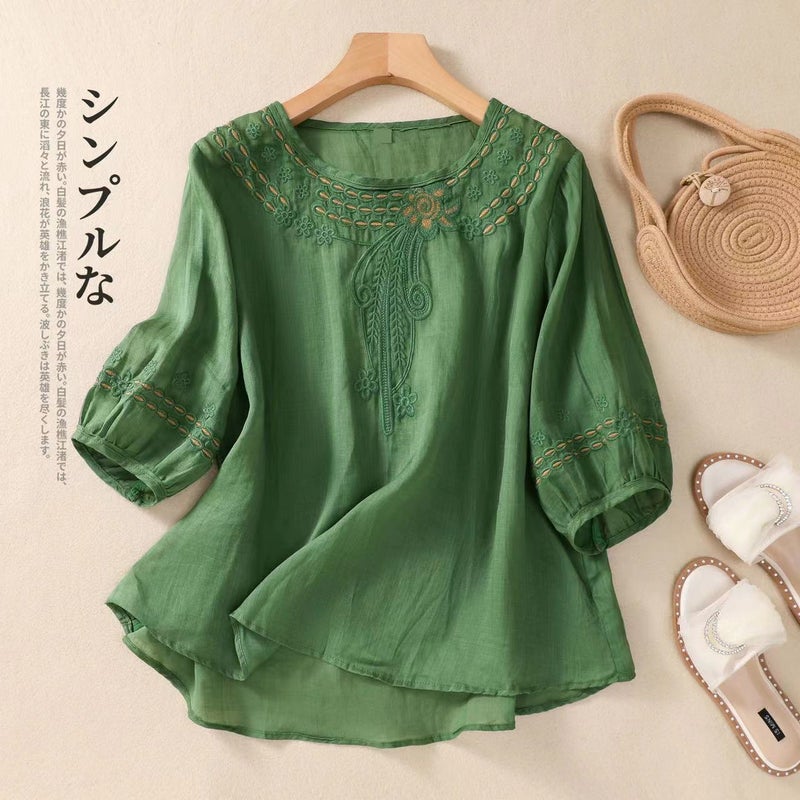 Casual Plus Size Vintage Artistic Cotton Linen Short-Sleeved T-Shirt Women'S 2024 Loose Meat Covering Embroidered Base Top - Image 2