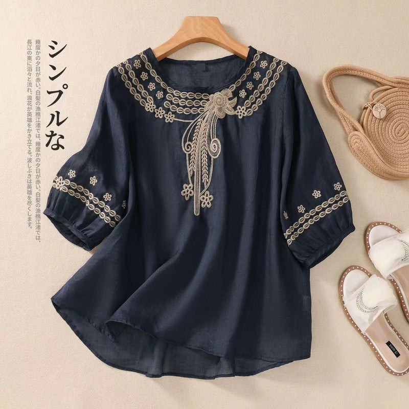 Casual Plus Size Vintage Artistic Cotton Linen Short-Sleeved T-Shirt Women'S 2024 Loose Meat Covering Embroidered Base Top - Image 3