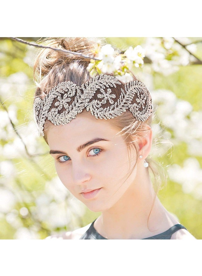 طقم من قطعتين من عصابات الرأس الدانتيلية الكلاسيكية للنساء، عصابات شعر بوهيمية مزينة بالخرز مع شريط مطاطي، إكسسوارات شعر أنيقة لحفلات الزفاف والحفلات والاستخدام اليومي - Image 4