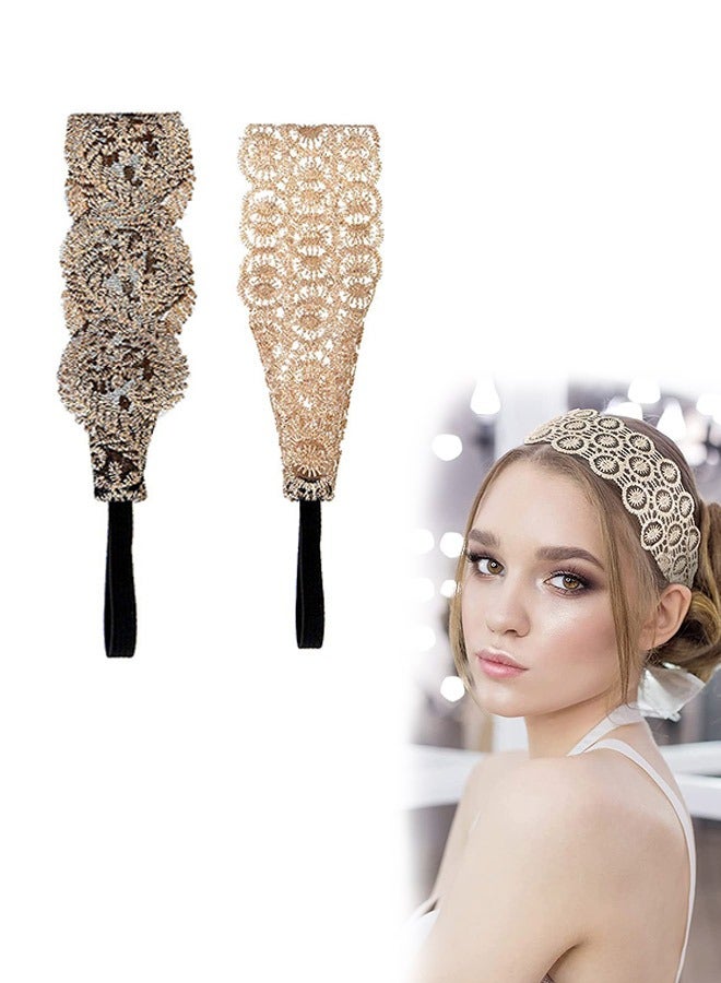طقم من قطعتين من عصابات الرأس الدانتيلية الكلاسيكية للنساء، عصابات شعر بوهيمية مزينة بالخرز مع شريط مطاطي، إكسسوارات شعر أنيقة لحفلات الزفاف والحفلات والاستخدام اليومي - Image 1