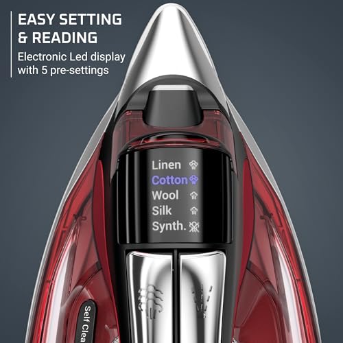 Rowenta Iron, Focus Excellence Stainless Steel Soleplate Steam Iron for Clothes, Retractable Cord, 400+ Microsteam Holes, Powerful steam, LED Display, 1750 W Ironing Clothes, Cordreel, Red DW5433 - Image 4