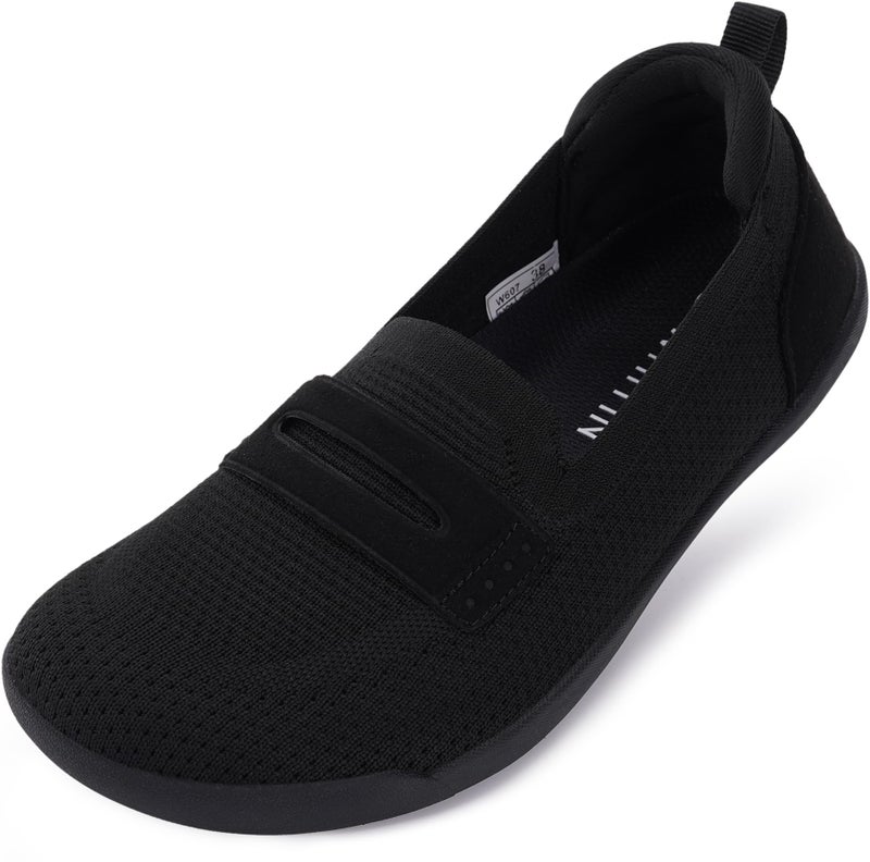 WHITIN Women's Loafers Round Toe Flat Shoes Wide Toe Box Barefoot Minimalist Zero Drop Sole Size 7 Width Knit Slip on Walking Extra Dress Soft Office Black 38 - Image 1