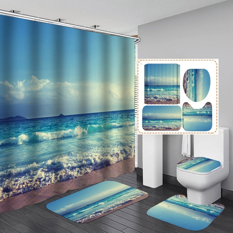 Y&D Beach Designer Bathroom Shower Curtains 4pcs Set Bath Rug Set with Non-Slip Rugs Luxury Hotel Shower Curtain - Image 3