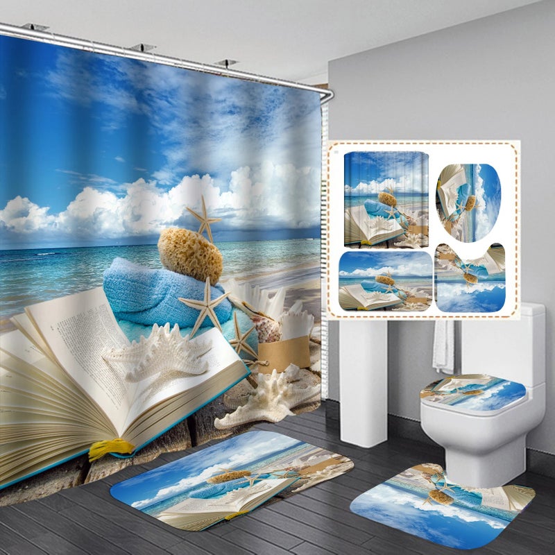 Y&D Beach Designer Bathroom Shower Curtains 4pcs Set Bath Rug Set with Non-Slip Rugs Luxury Hotel Shower Curtain - Image 2
