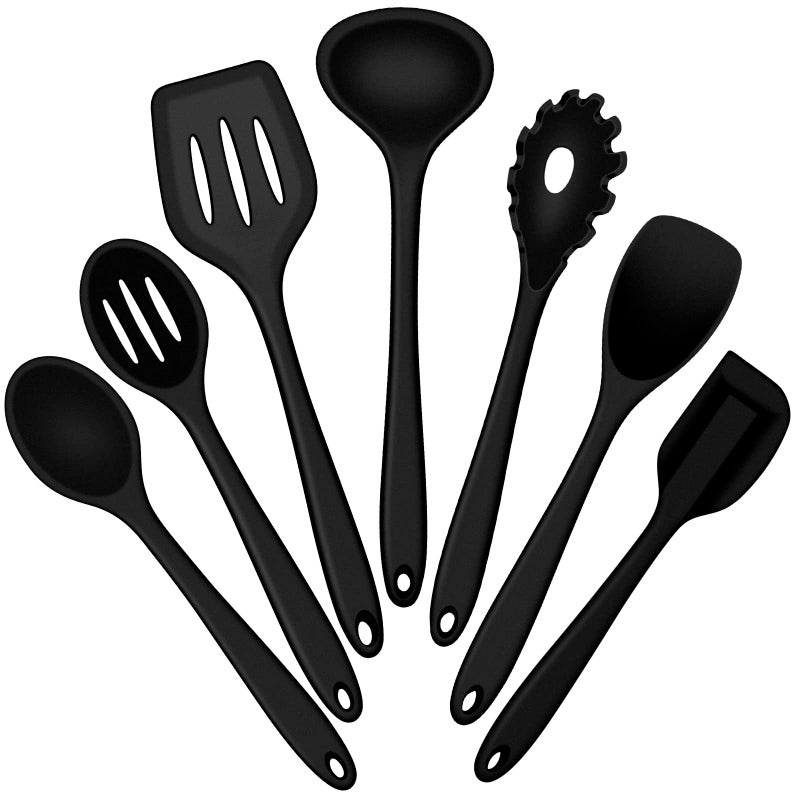 E-far Efar Silicone Cooking Utensils Set 7Piece Black Heat Resistant Kitchen Utensils Set Kitchen Nonstick Tools Spatula Ladle Spoon Pasta Server for Nonstick Cookware NonToxic  Dishwasher safe 