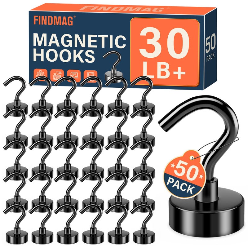 FINDMAG Black Magnetic Hooks 30 lbs Strong Neodymium Magnet Hooks for Hanging Magnet with Hook for Cruise Grill Fridge Pack of 50 - Image 2