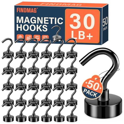 FINDMAG Black Magnetic Hooks 30 lbs Strong Neodymium Magnet Hooks for Hanging Magnet with Hook for Cruise Grill Fridge Pack of 50 - Image 1