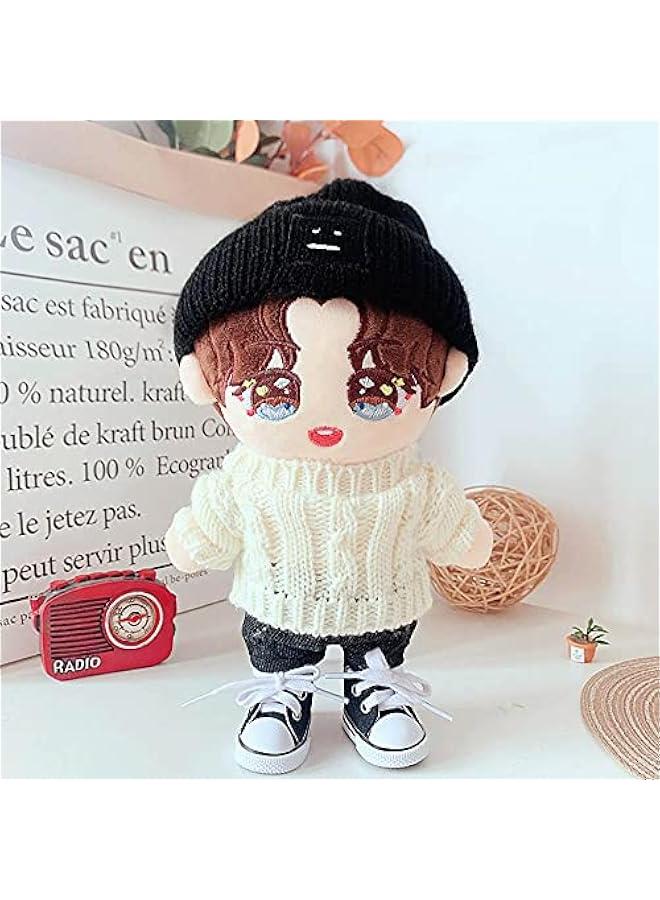Arabest Doll Clothes Suit 7.8in/20cm Plush Doll Clothes Hat + Sweater + Shorts 3-Piece Set Doll Dressup Square Face Hat Denim Shorts White Sweater (Black)  - Image 2