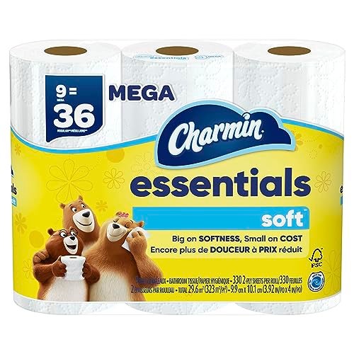 Charmin Essentials Soft Toilet Paper, 9 Mega Rolls = 36 Regular Rolls - Image 1