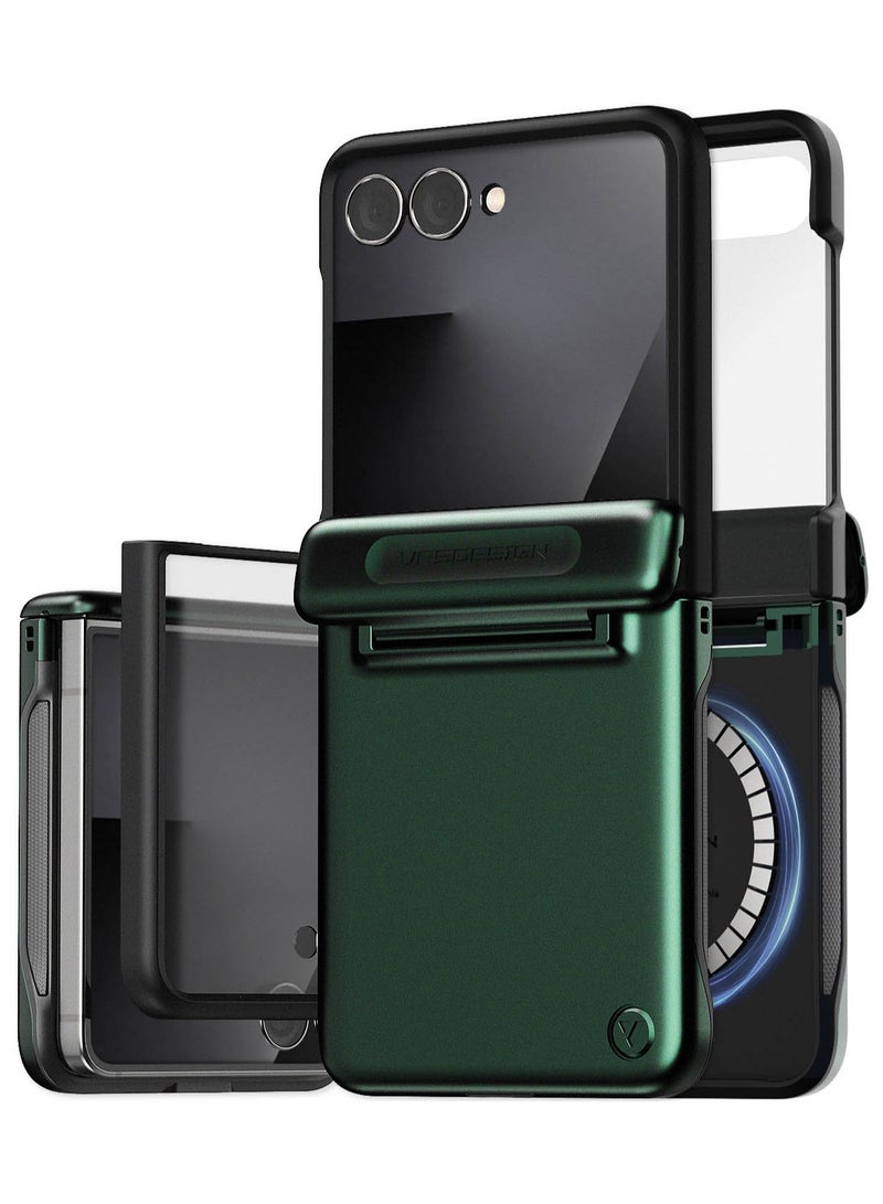 VRS Design Terra Guard Modern Halo Samsung Galaxy Z Flip 7 Case [MagSafe] Cover (2025) with [Built-in Screen Protector] and Hinge Protection - Metallic Green 