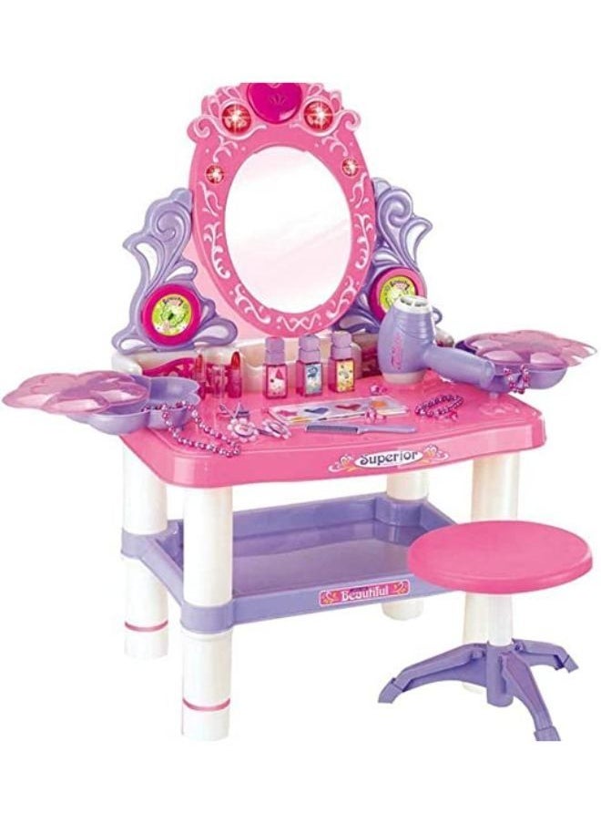 EASY FUTURE Toy Vanity Table Makeup Dressing Table Toy Playset, Pretend Play Makeup Kit Toy Vanity with Mirror Lipstick Hair Dryer Jewelry and Chair for Kids Girls  - Image 1