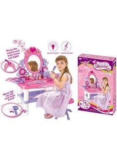 EASY FUTURE Toy Vanity Table Makeup Dressing Table Toy Playset, Pretend Play Makeup Kit Toy Vanity with Mirror Lipstick Hair Dryer Jewelry and Chair for Kids Girls  - Image 2