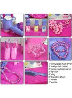 EASY FUTURE Toy Vanity Table Makeup Dressing Table Toy Playset, Pretend Play Makeup Kit Toy Vanity with Mirror Lipstick Hair Dryer Jewelry and Chair for Kids Girls  - Image 5