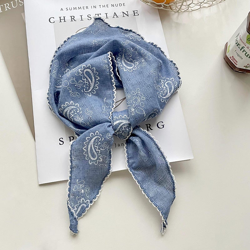 Retro Floral Cotton Linen Scarf for Women blue cashew flower