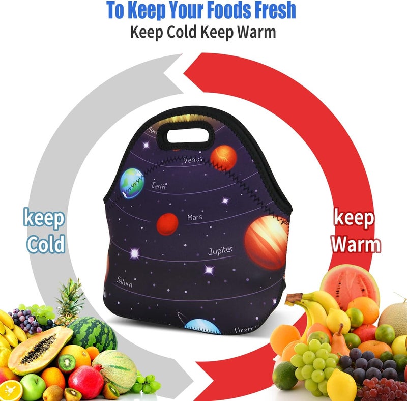 Violet Mist Neoprene Space Lunch Bag Insulated Waterproof Lunch Bag Tote Cartoon Reusable Lunch Box Containers Food Carrying Lunch Handbag for Women men Work Gifts Thanksgiving Christmas Gift - Image 3