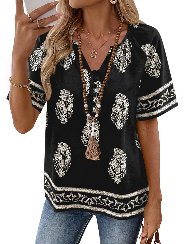 Rapbin Bohemian Blouses for Women Dressy Casual - V Neck Tunic Tops - Loose Fit Half Sleeve Spring Clothes Beach Linen Boho Outfits Black L - Image 1