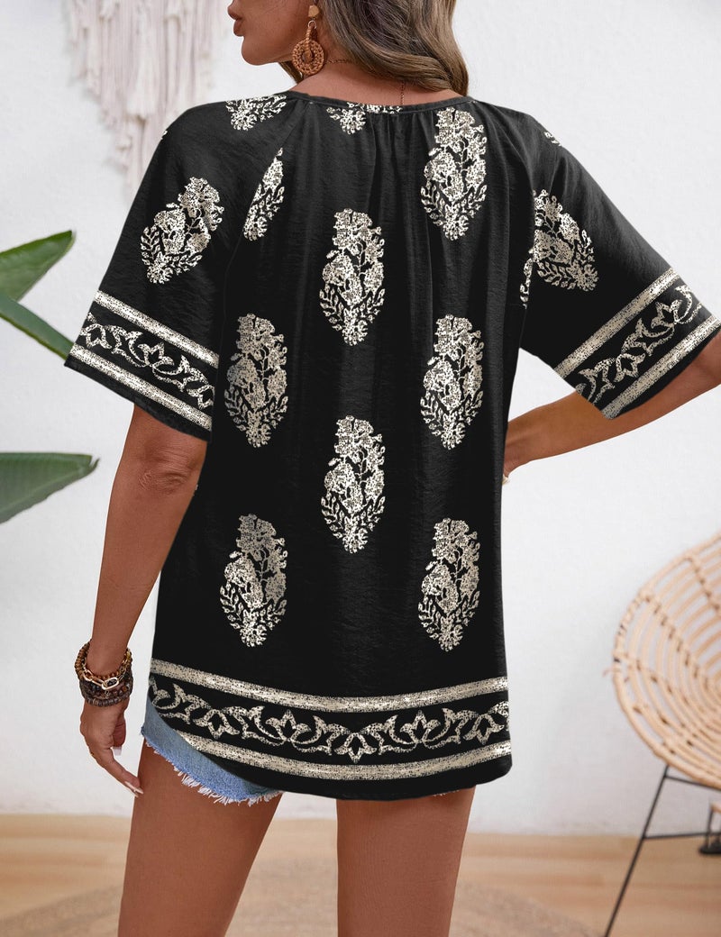 Rapbin Bohemian Blouses for Women Dressy Casual - V Neck Tunic Tops - Loose Fit Half Sleeve Spring Clothes Beach Linen Boho Outfits Black L - Image 5