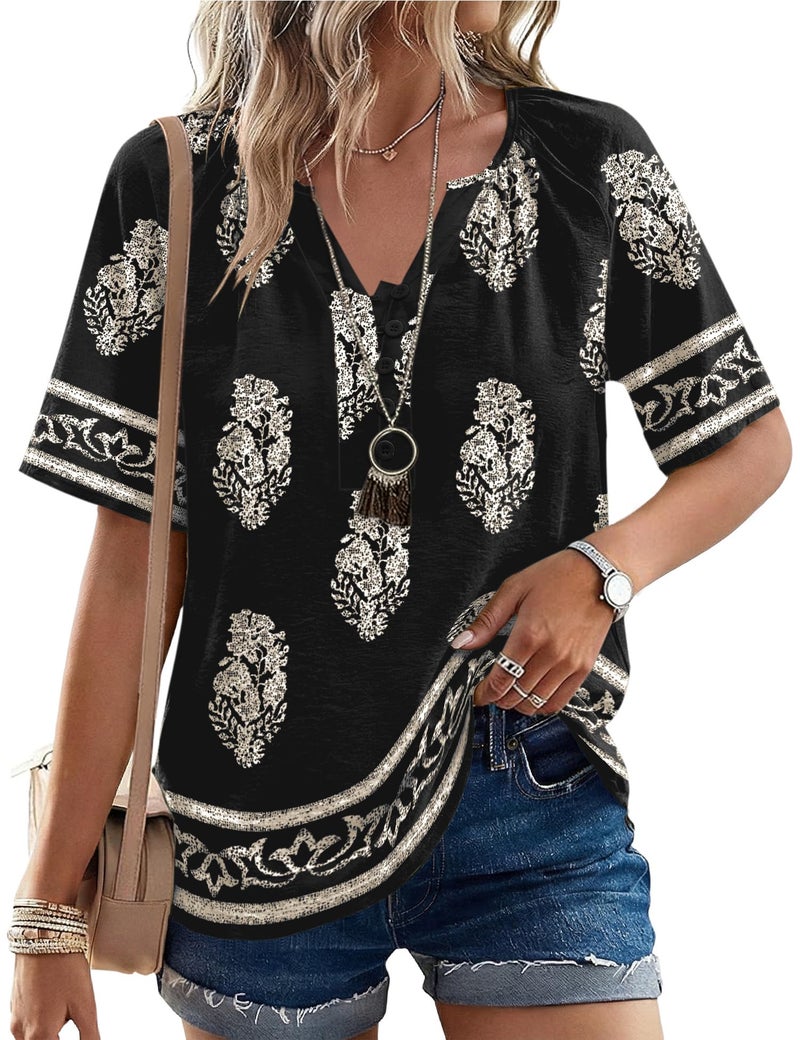 Rapbin Bohemian Blouses for Women Dressy Casual - V Neck Tunic Tops - Loose Fit Half Sleeve Spring Clothes Beach Linen Boho Outfits Black L - Image 2