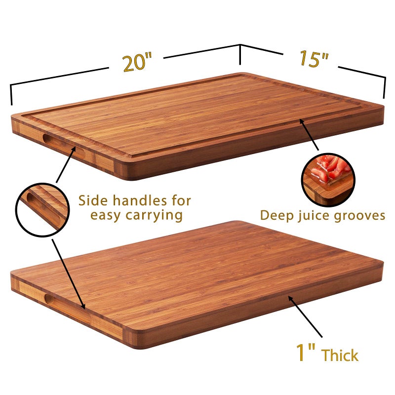 Allsum XL Cutting Board for Kitchen, 20x15" Extra Large, 1" Thick Bamboo Wood Butcher Chopping Block, Cheese Board, Durable Reversible with Juice Grooves and Handles - Image 2