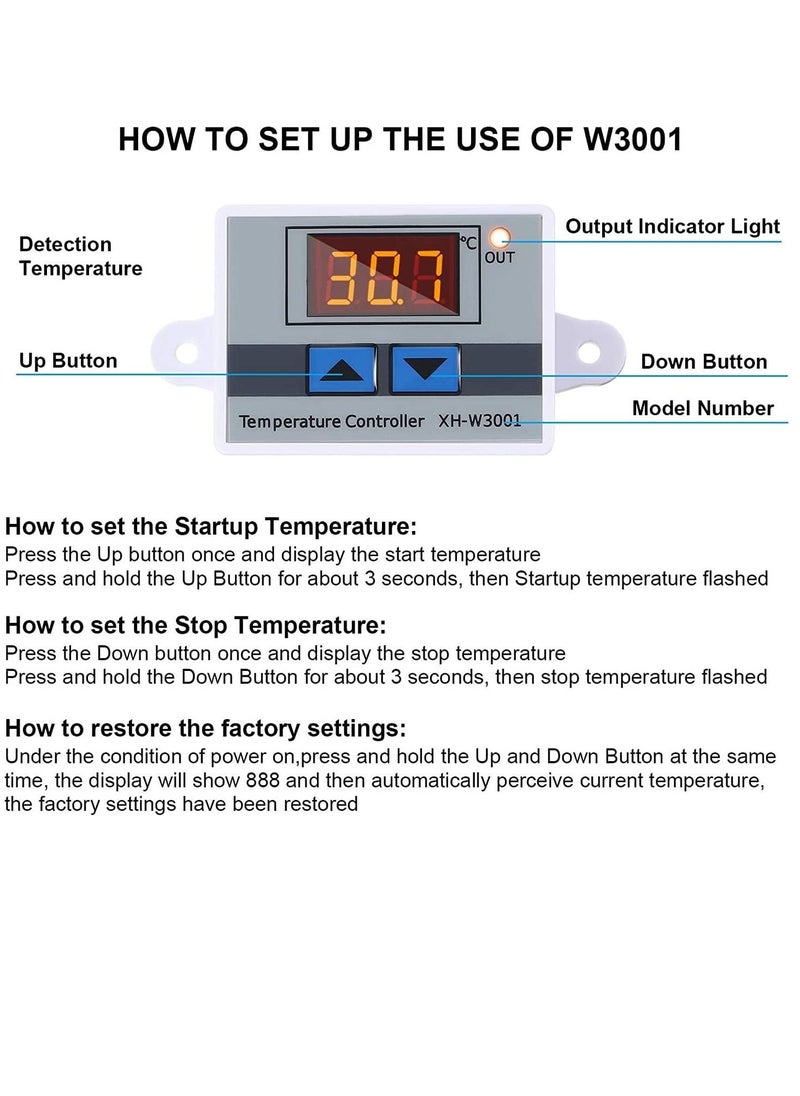 Excefore - XH-W3001 Digital LED Temperature Controller Module Digital Thermostat Switch with Waterproof Probe Programmable Heating Cooling Electronic Thermostat Range from -50℃ to 110℃ (12V 10A 120W), 2 Pack - Image 1