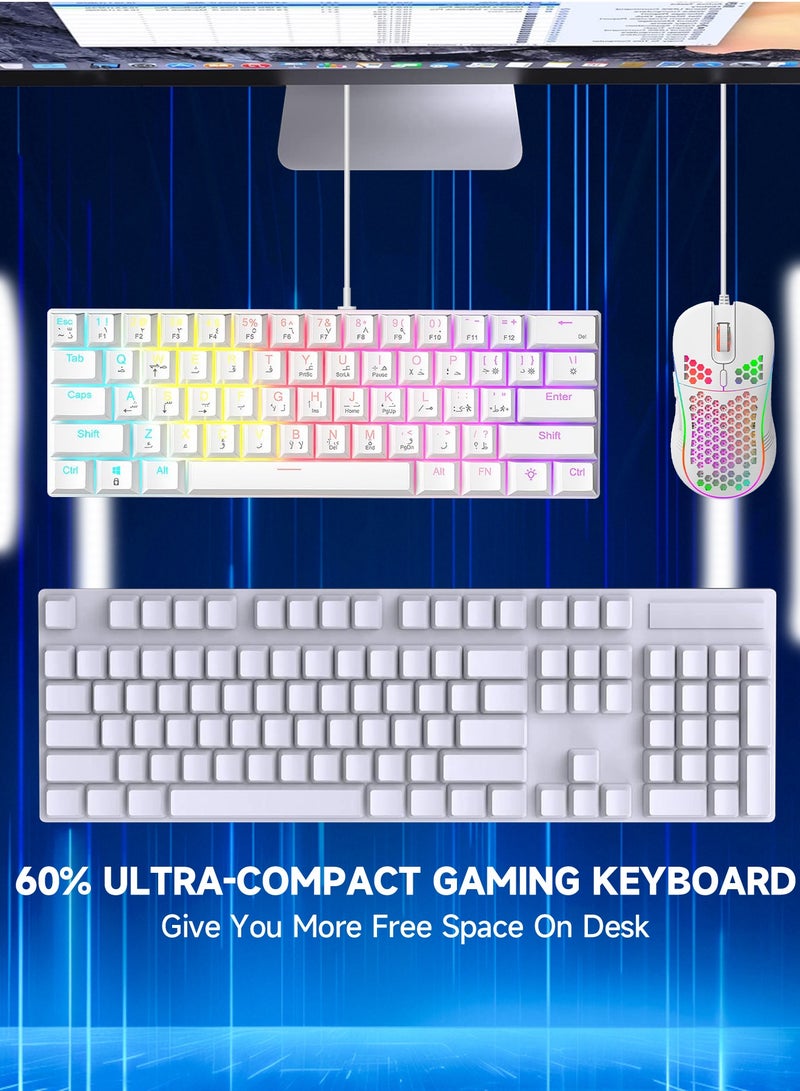 UCHUANG 60% Gaming Keyboard Red Switch and Mouse Combo, Ultra-Compact 61-Key RGB Backlit Mini Keyboard, Lightweight 7200 DPI Honeycomb Optical Mouse, RGB Wired Gaming Set for PC PS5 Xbox Gamer(White) - Image 3