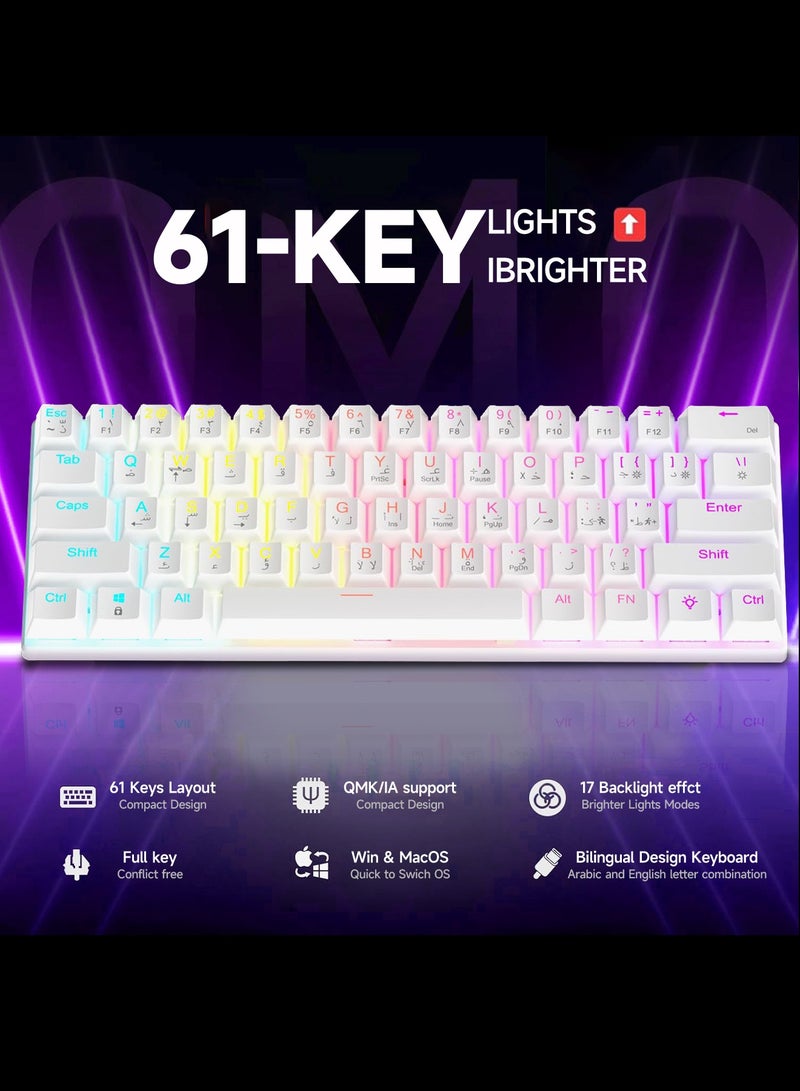 UCHUANG 60% Gaming Keyboard Red Switch and Mouse Combo, Ultra-Compact 61-Key RGB Backlit Mini Keyboard, Lightweight 7200 DPI Honeycomb Optical Mouse, RGB Wired Gaming Set for PC PS5 Xbox Gamer(White) - Image 2