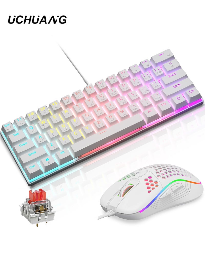 UCHUANG 60% Gaming Keyboard Red Switch and Mouse Combo, Ultra-Compact 61-Key RGB Backlit Mini Keyboard, Lightweight 7200 DPI Honeycomb Optical Mouse, RGB Wired Gaming Set for PC PS5 Xbox Gamer(White) - Image 1