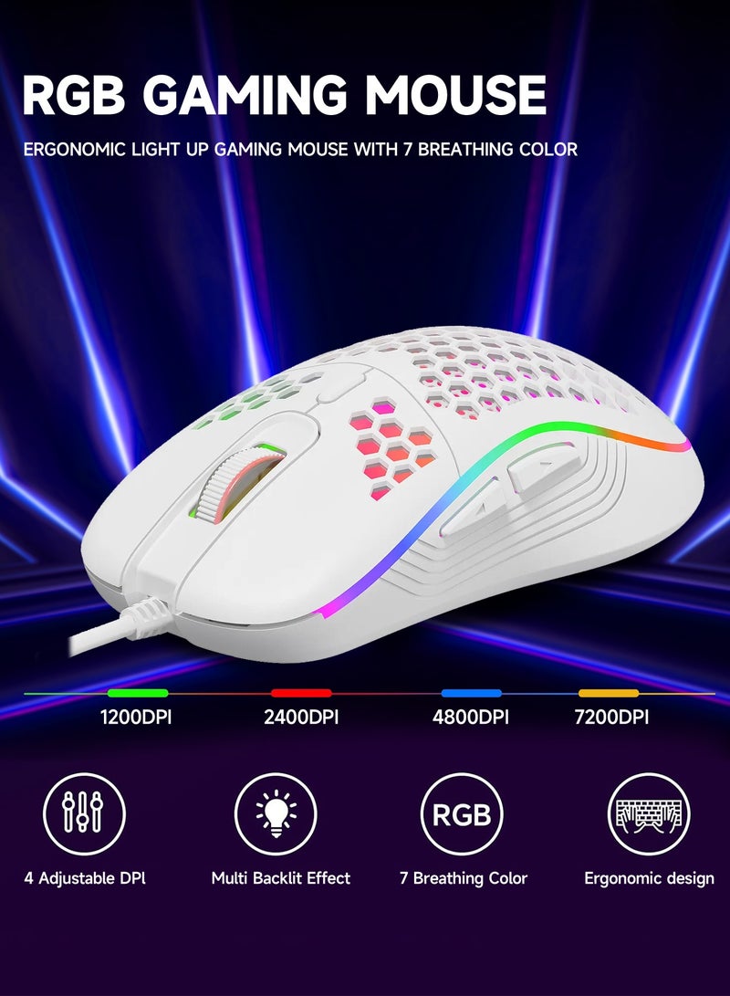 UCHUANG 60% Gaming Keyboard Red Switch and Mouse Combo, Ultra-Compact 61-Key RGB Backlit Mini Keyboard, Lightweight 7200 DPI Honeycomb Optical Mouse, RGB Wired Gaming Set for PC PS5 Xbox Gamer(White) - Image 5