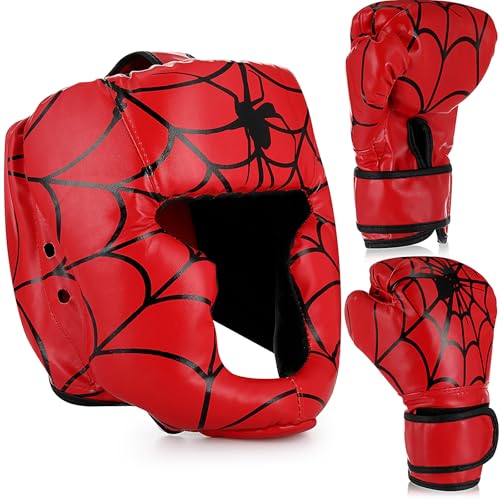 Arrowbash Boxing Headgear and Gloves Set for Kids 6oz Red Spider Boxing Gloves and Wrestling Headgear Sparring Equipment for Boxing Kickboxing Muay Thai BJJ Karate Training - Image 1