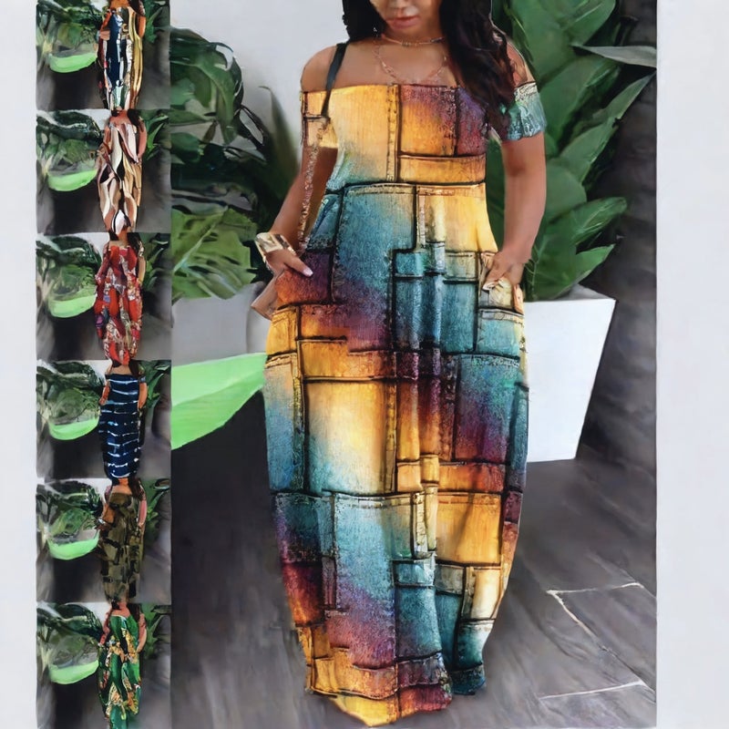 Women's One-Shoulder Printed Floral Dress Summer Fashion Casual - Image 2