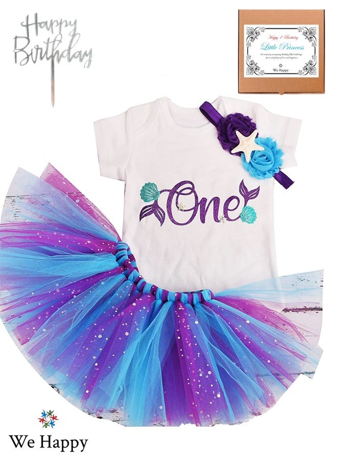 We Happy 4 Pieces Baby Girl Birthday Costume Mermaid Under the sea Theme 1st Birthday ONE Printed Party Wear with Tutu Skirt, Cake Topper and Floral Headband - Image 1