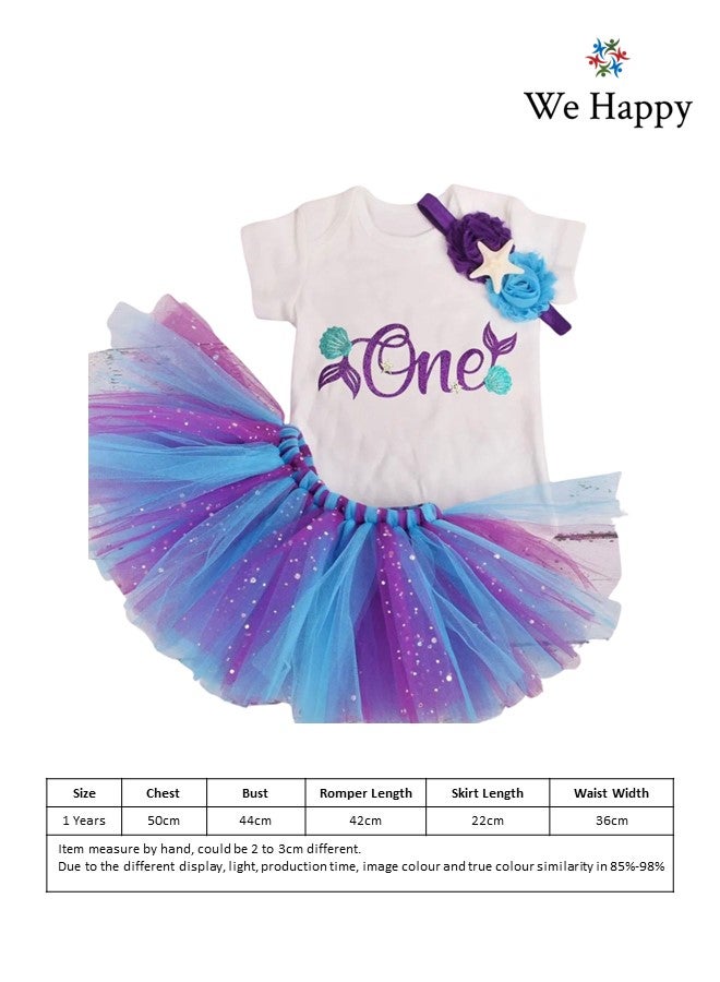 We Happy 4 Pieces Baby Girl Birthday Costume Mermaid Under the sea Theme 1st Birthday ONE Printed Party Wear with Tutu Skirt, Cake Topper and Floral Headband - Image 3