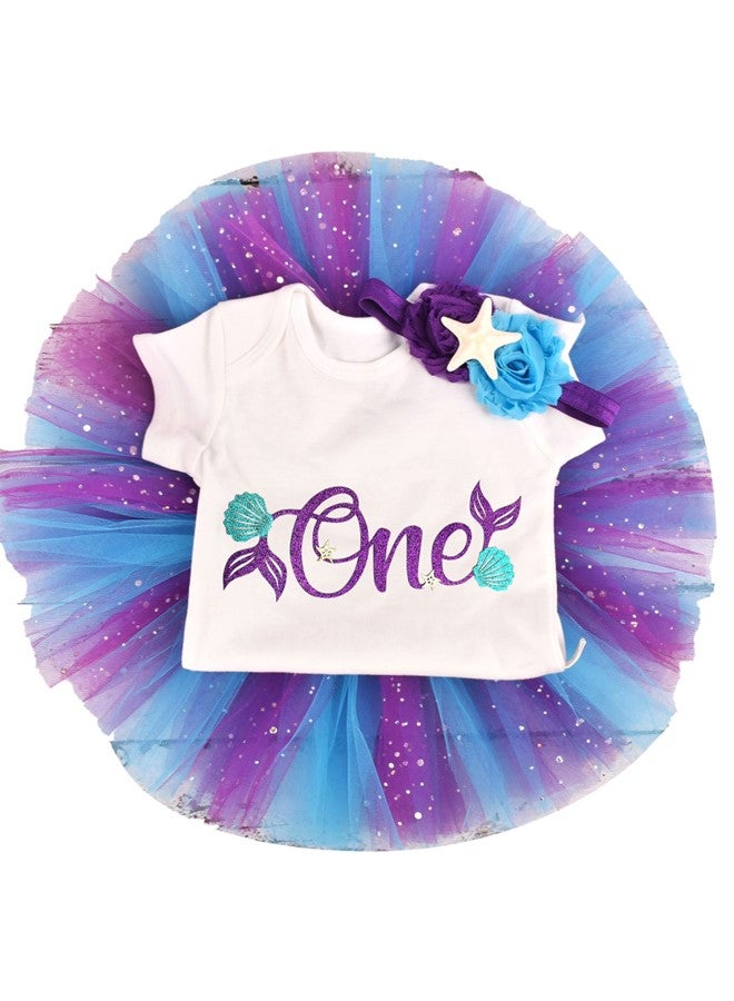 We Happy 4 Pieces Baby Girl Birthday Costume Mermaid Under the sea Theme 1st Birthday ONE Printed Party Wear with Tutu Skirt, Cake Topper and Floral Headband - Image 2
