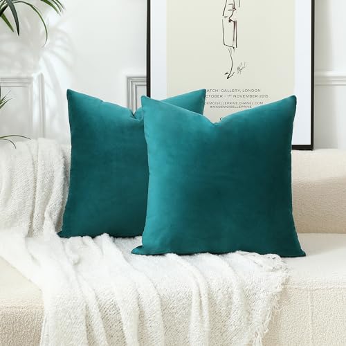 Stellhome Soft Velvet Throw Pillow Covers Square Decorative Cushion Covers for Bed Couch Sofa Bench, 18 x 18 inch (45 x 45 cm), Teal, Pack of 2 - Image 1
