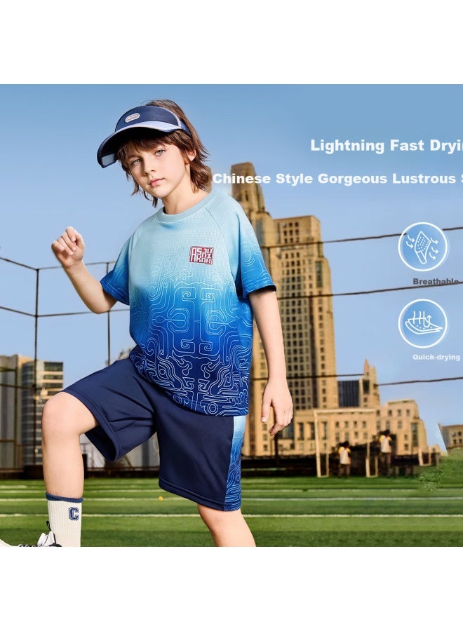 Ask Junior Kids Quick Dry Set Summer Youth Chinese Style Short Sleeve T-Shirt Shorts Running Pants Boys Teenagers Two Pieces - Image 1