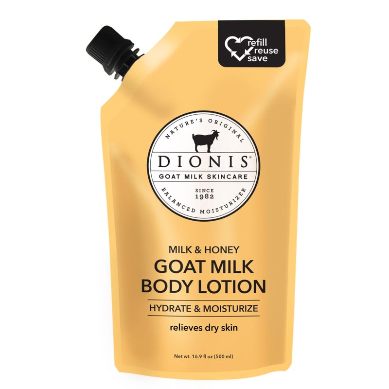 Dionis Goat Milk Skincare Body Lotion 16.9oz Refill Pouch, Cruelty Free Clean Ingredients & Dermatologist Tested Lotion for Dry Skin, Hydrating & Deeply Moisturizing Rich in Vitamins, Milk & Honey - Image 1