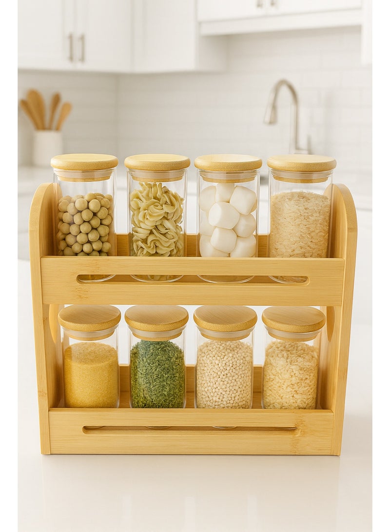 Panvil 8-Piece 2-Tier Spice Rack – Kitchen Organizer with Adjustable Storage – Durable Bamboo Rack with Glass Spice Jars – Space-Saving Countertop and Cabinet Spice Jars Holder - Image 1