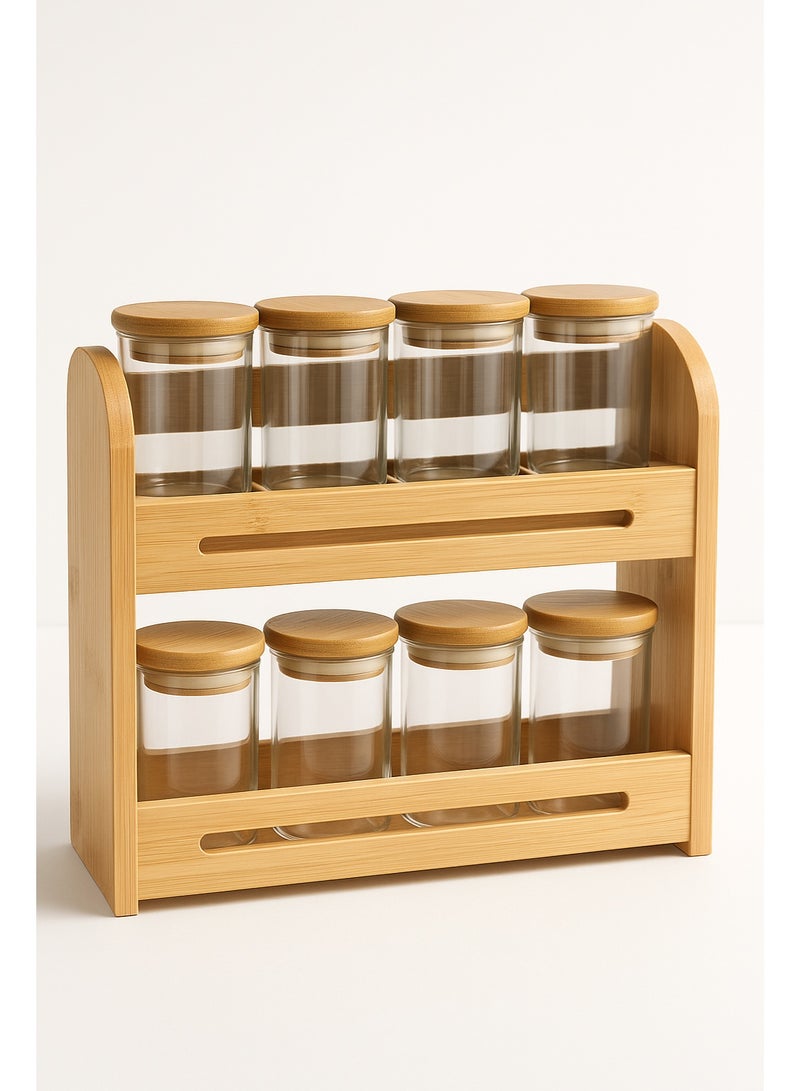 Panvil 8-Piece 2-Tier Spice Rack – Kitchen Organizer with Adjustable Storage – Durable Bamboo Rack with Glass Spice Jars – Space-Saving Countertop and Cabinet Spice Jars Holder - Image 5