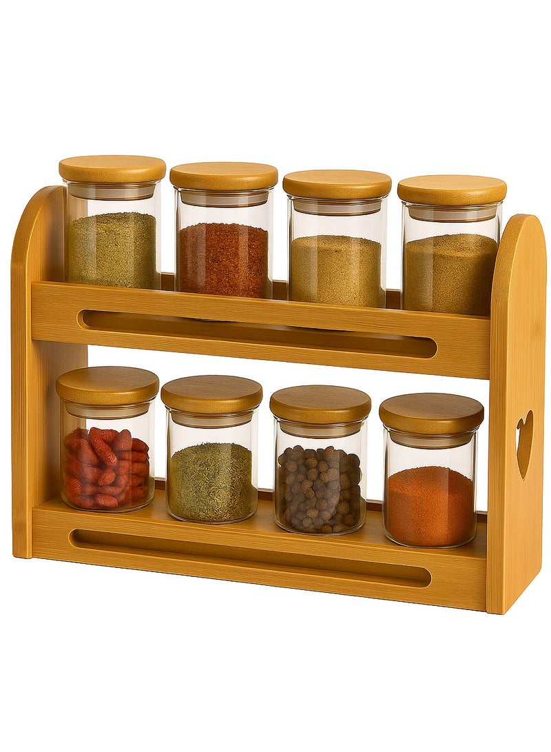 Panvil 8-Piece 2-Tier Spice Rack – Kitchen Organizer with Adjustable Storage – Durable Bamboo Rack with Glass Spice Jars – Space-Saving Countertop and Cabinet Spice Jars Holder - Image 2