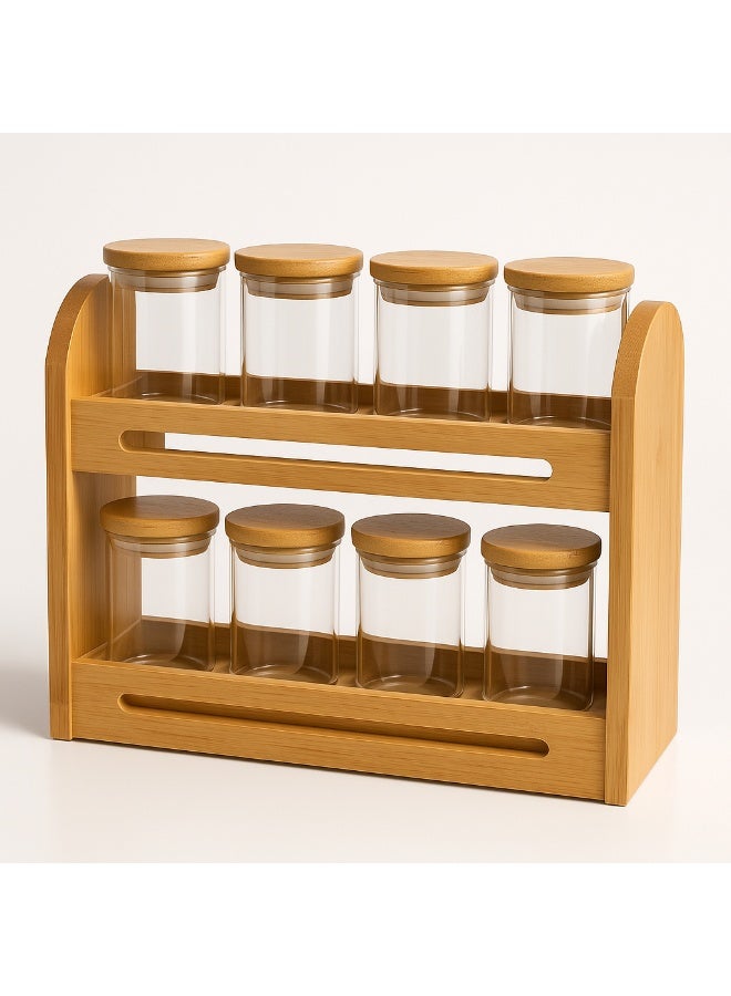 Panvil 8-Piece 2-Tier Spice Rack – Kitchen Organizer with Adjustable Storage – Durable Bamboo Rack with Glass Spice Jars – Space-Saving Countertop and Cabinet Spice Jars Holder - Image 3