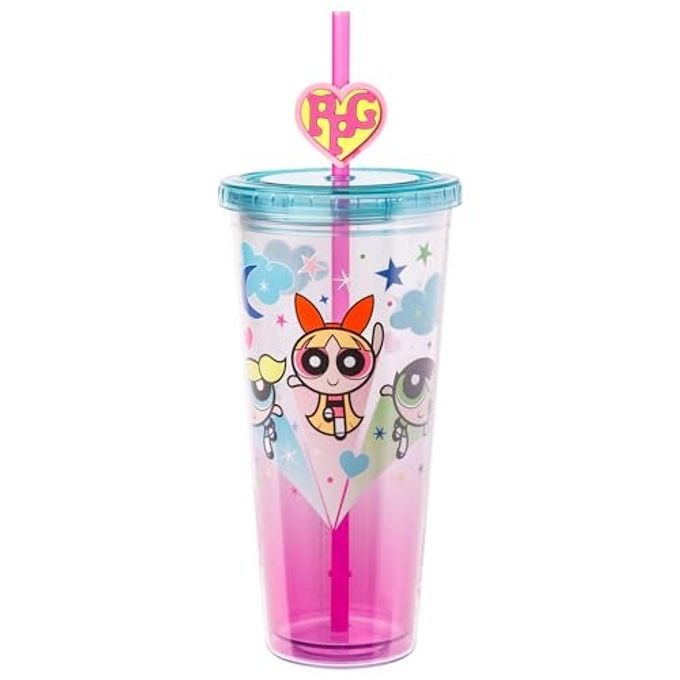 Silver Buffalo The Powerpuff Girls Original PPG Featuring Buttercup, Bubbles, and Blossom Plastic Cold Cup with Lid and Straw Topper, 24 Ounces
