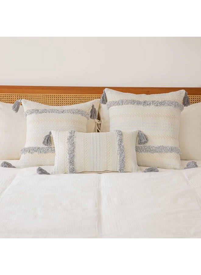 BUIOVBEY Boho Throw Pillow Covers 20x20 Set of 2 Woven Tufted Farmhouse Pillows Cover with Tassels Textured Striped Cushion Case Neutral Pillow Cases Decorative Pillowcase for Sofa, Couch, Bed, Light Grey - Image 5
