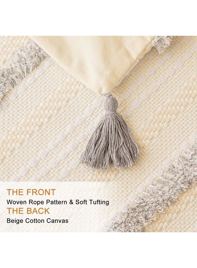 BUIOVBEY Boho Throw Pillow Covers 20x20 Set of 2 Woven Tufted Farmhouse Pillows Cover with Tassels Textured Striped Cushion Case Neutral Pillow Cases Decorative Pillowcase for Sofa, Couch, Bed, Light Grey - Image 2