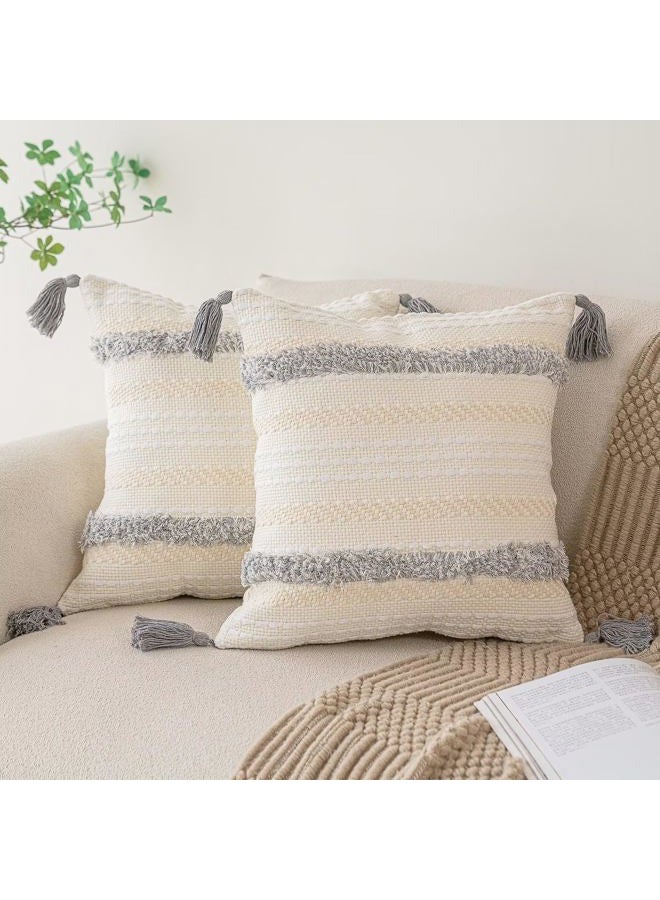 BUIOVBEY Boho Throw Pillow Covers 20x20 Set of 2 Woven Tufted Farmhouse Pillows Cover with Tassels Textured Striped Cushion Case Neutral Pillow Cases Decorative Pillowcase for Sofa, Couch, Bed, Light Grey - Image 1