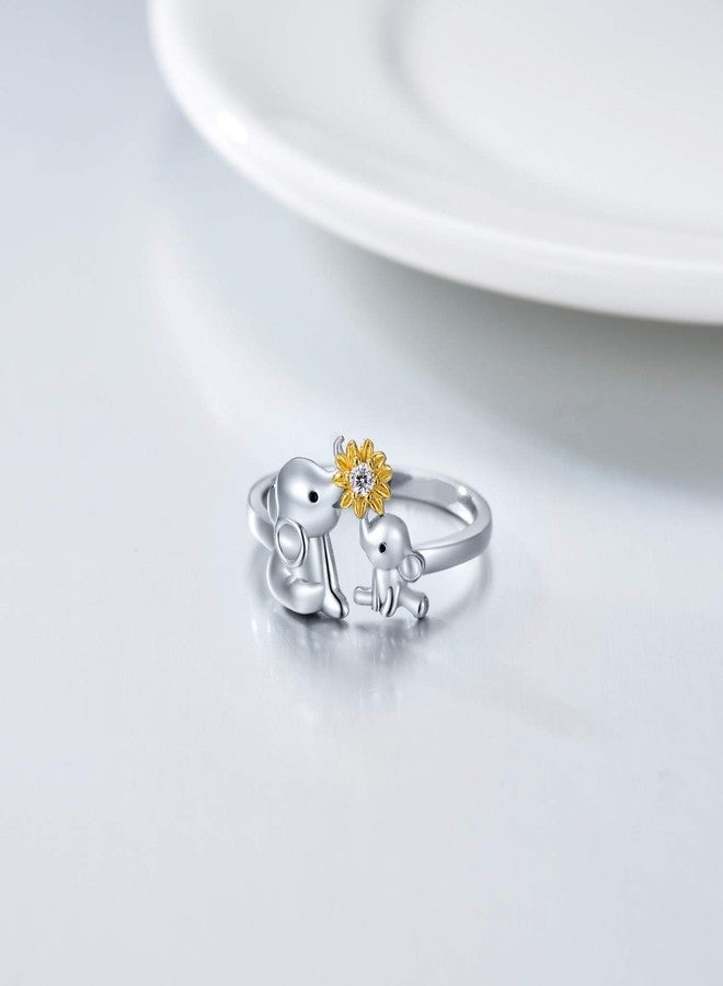 LONAGO Elephant Ring Mother Elephant with Sunflower Stacking Ring Sterling Silver Gift for Women (Size 5) - Image 3